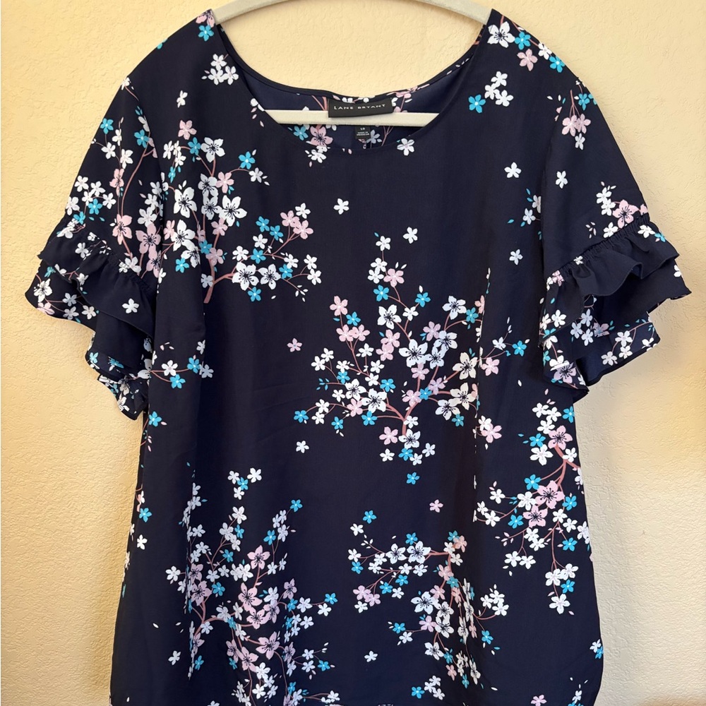 Lane Bryant Floral Ruffle Sleeve Blouse - Navy and Multicolor size 18